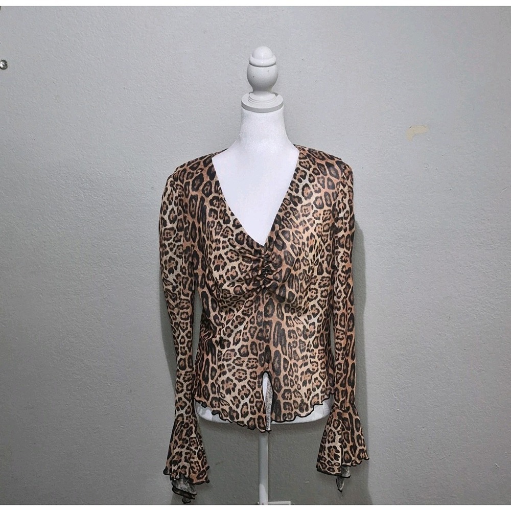 Alberto Makali Leopard Print Buckle Top L Brown Animal V-Neck Long Sleeve Blouse - Picture 2 of 10